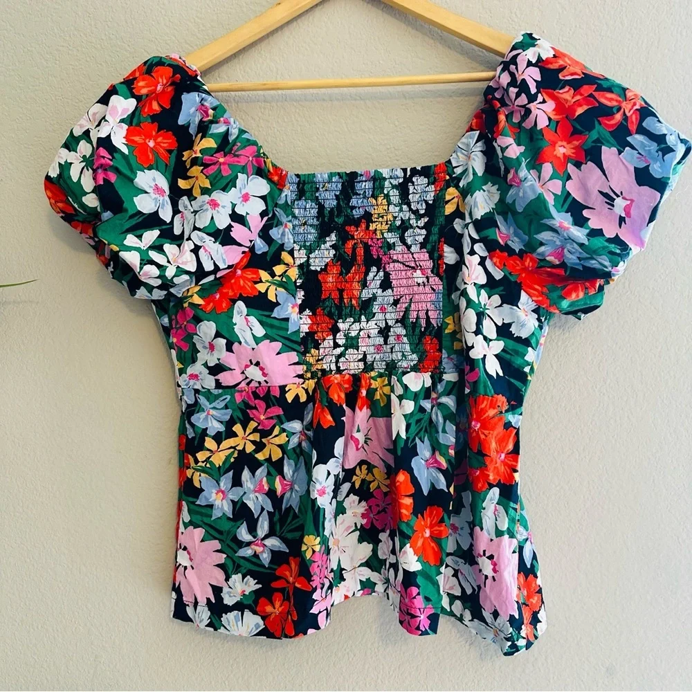 Old Navy Size XL Trapeze Blouse Top Floral Puff Short Sleeve Wide Neck Bohemian